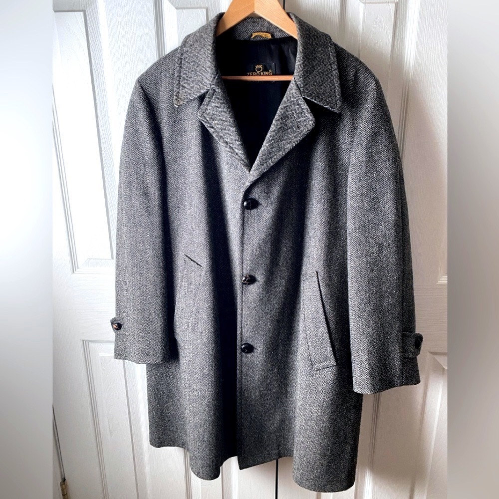 VINTAGE ZERO KING Made in USA Gray 100% Wool Herringbone Trench Coat 42 (L)